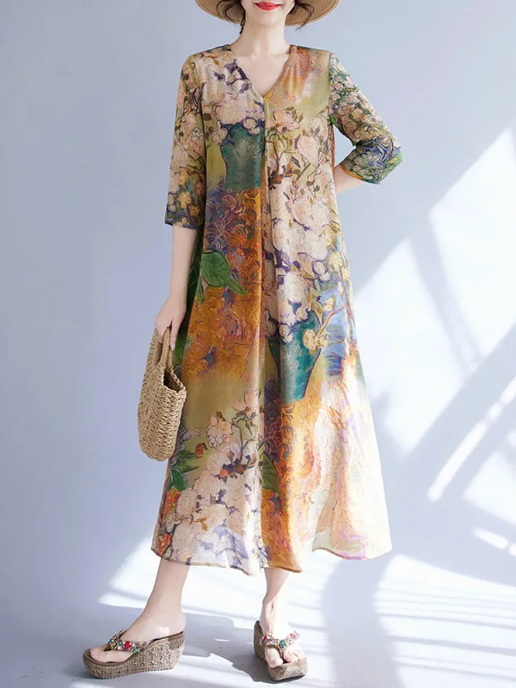 Women Retro Vacation Printed V-Neck A-Line Tencel Dresses