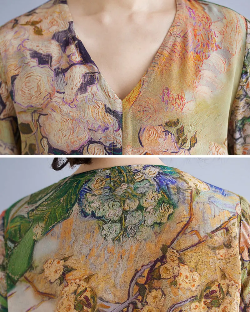 Women Retro Vacation Printed V-Neck A-Line Tencel Dresses