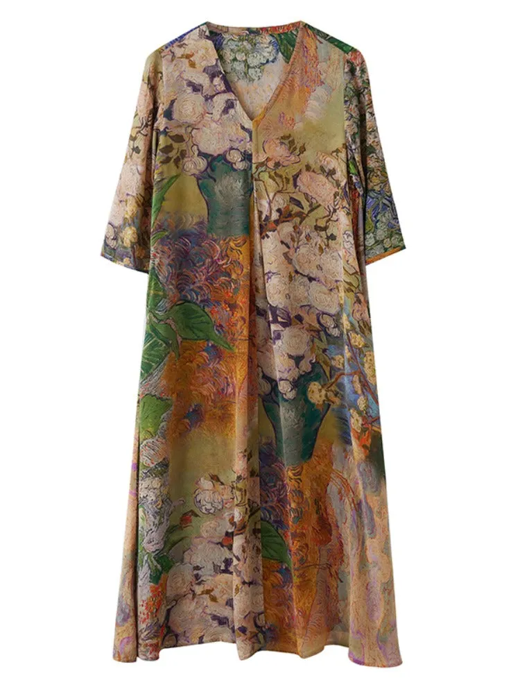 Women Retro Vacation Printed V-Neck A-Line Tencel Dresses