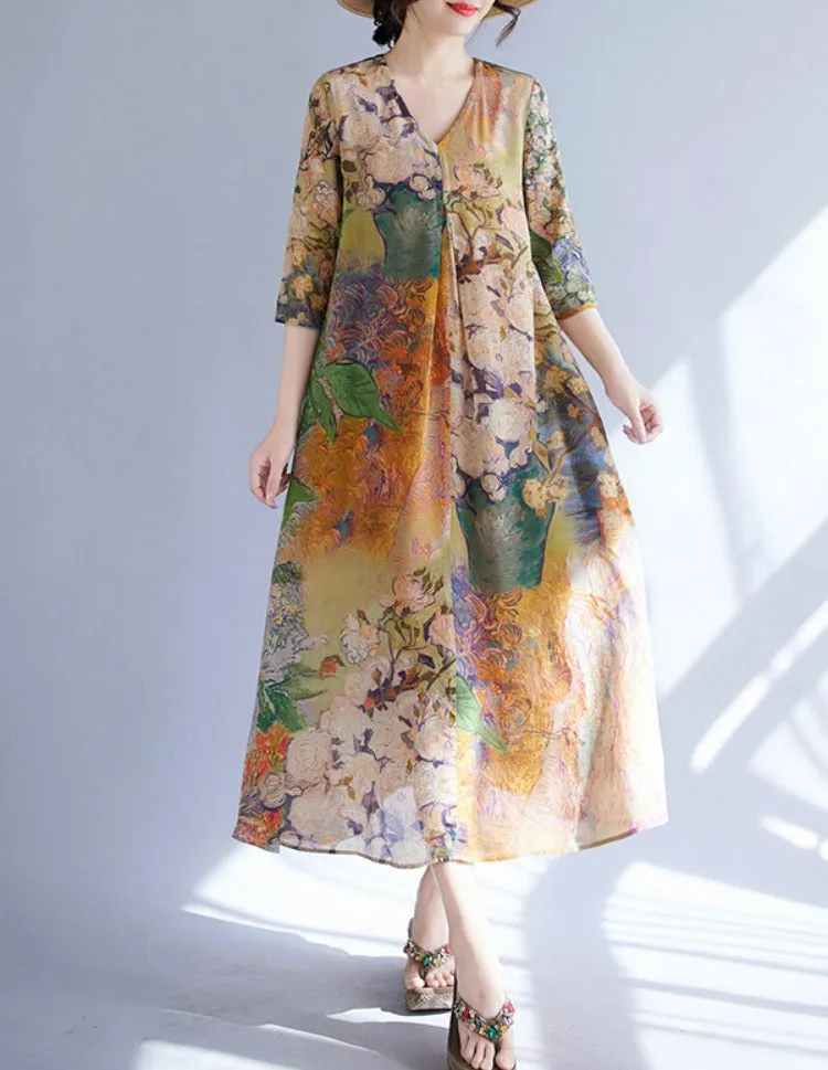Women Retro Vacation Printed V-Neck A-Line Tencel Dresses