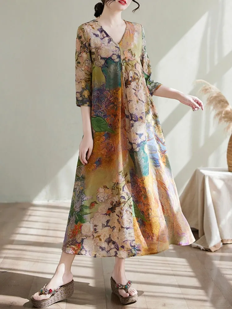 Women Retro Vacation Printed V-Neck A-Line Tencel Dresses