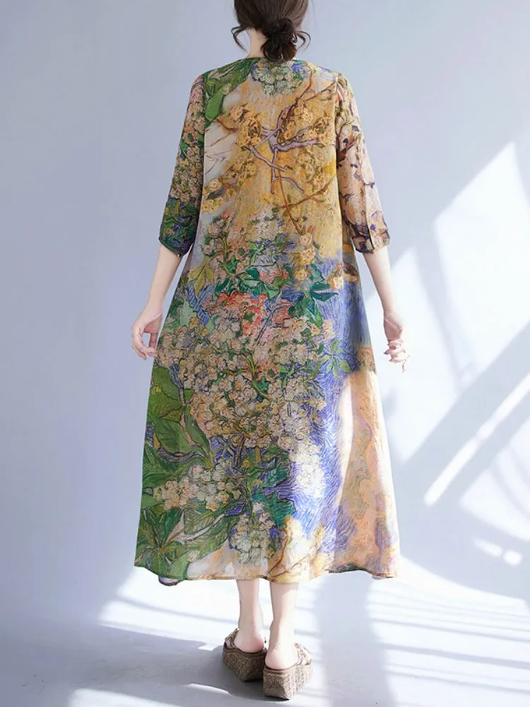 Women Retro Vacation Printed V-Neck A-Line Tencel Dresses