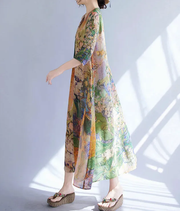 Women Retro Vacation Printed V-Neck A-Line Tencel Dresses